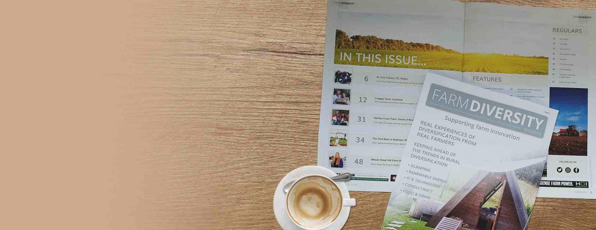 Farm Diversity magazines with coffee cup
